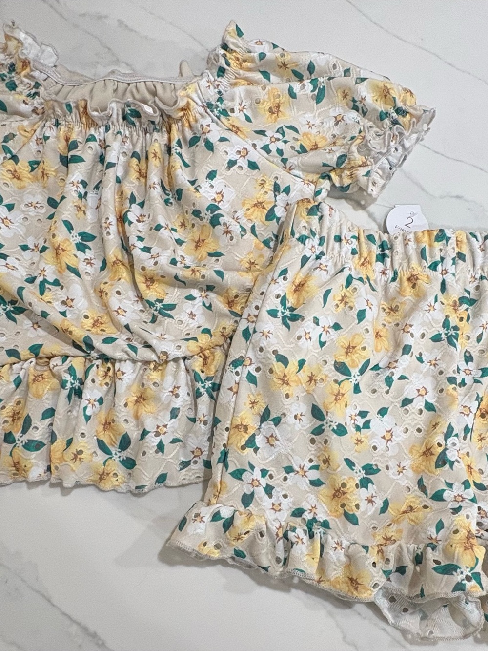 Tahiri girls Floral Eyelet Two-Piece Set — Yellow & Green on Cream